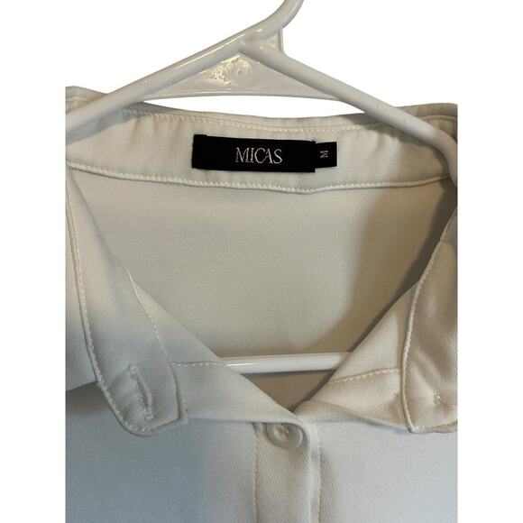 Micas Women's Medium White Cropped Short Sleeve Collared Button Up Blouse - Picture 5 of 10